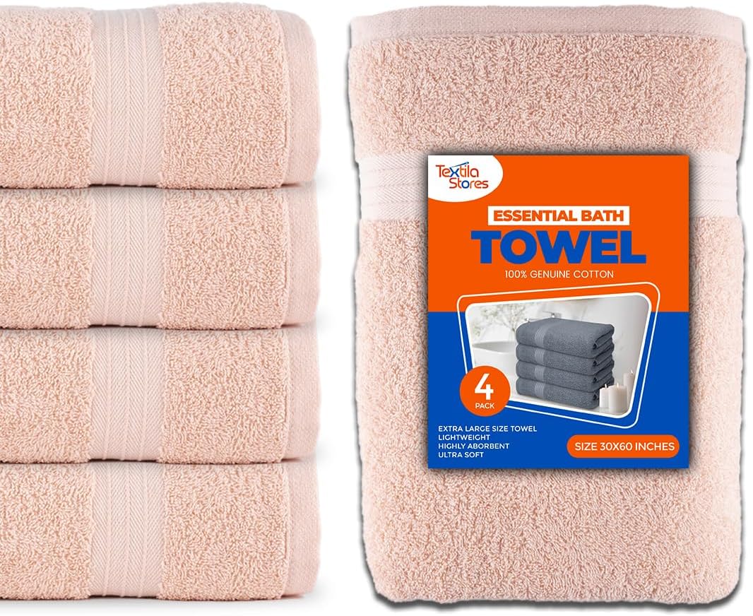 Textila Bath Towels - 30x60 Inch Pack of 4 Light Peach