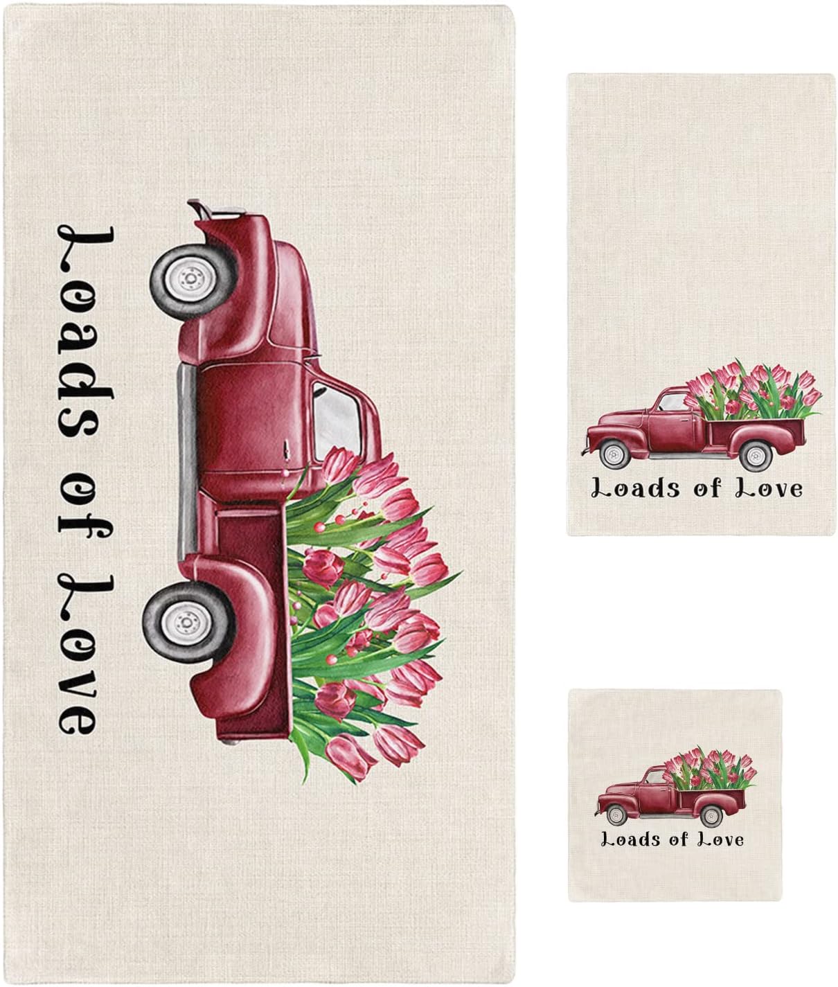3 Piece Bath Towel Set with Red Tulip Design