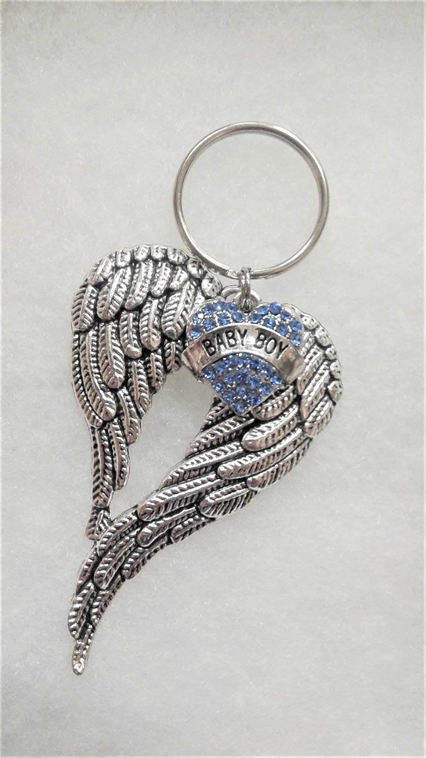 Baby Boy Memorial Sympathy Keychain with Angel Wings and Heart Charm 1