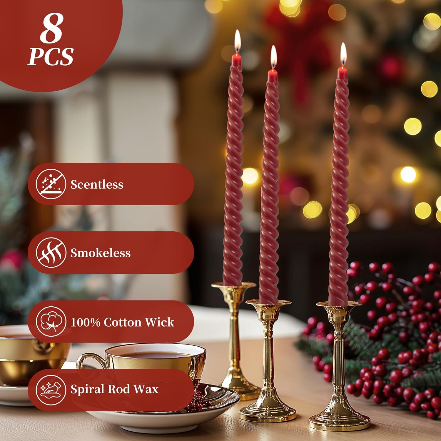 KONNI 10 Inch Spiral Taper Candle Set of 8 Dark Red Unscented Smokeless