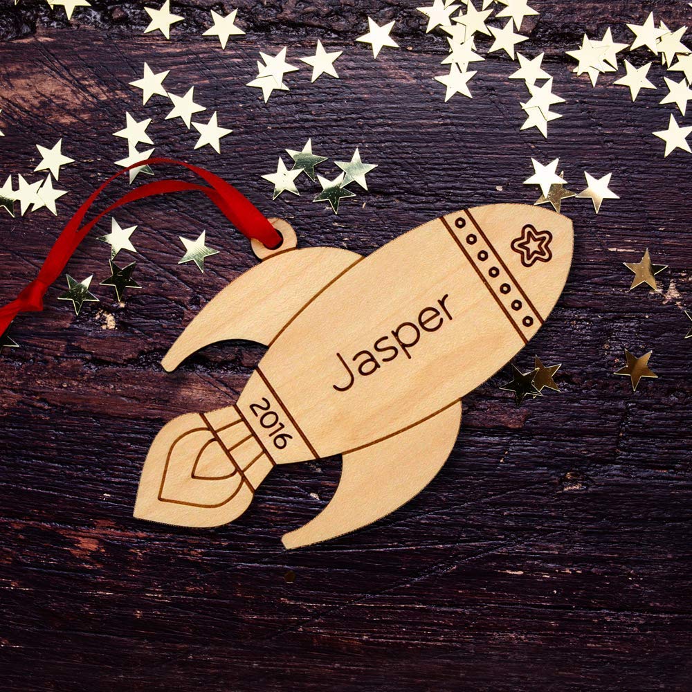 Rocket Ornament Personalized Outer Space Babys First Christmas 2024 Wood