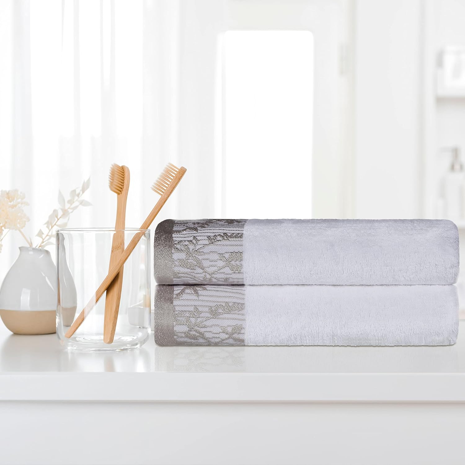 Superior Cotton Bath Towels Set of 2 with Floral Border