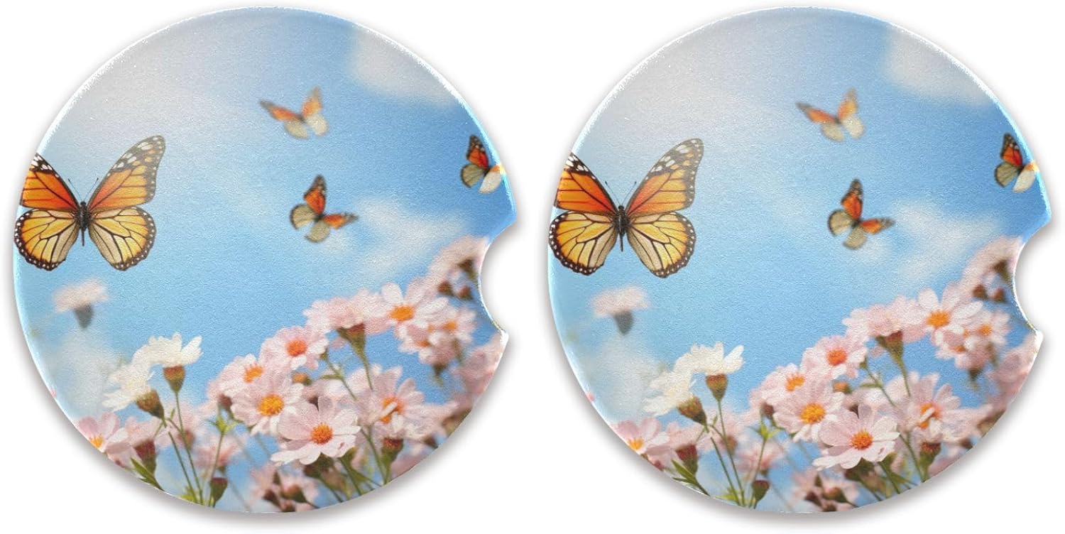 Takiito Nature Flower Car Coasters 2 Pack Ceramic Cork Base