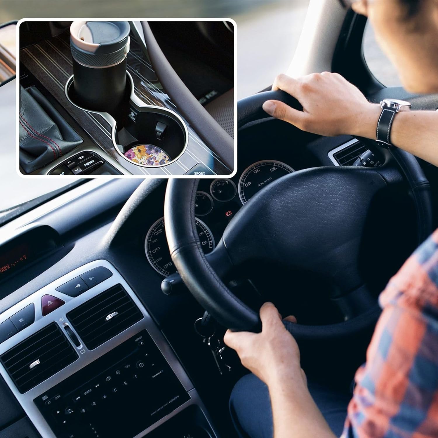 Takiito Purple Flowers Car Cup Holder Coasters 2 Pack