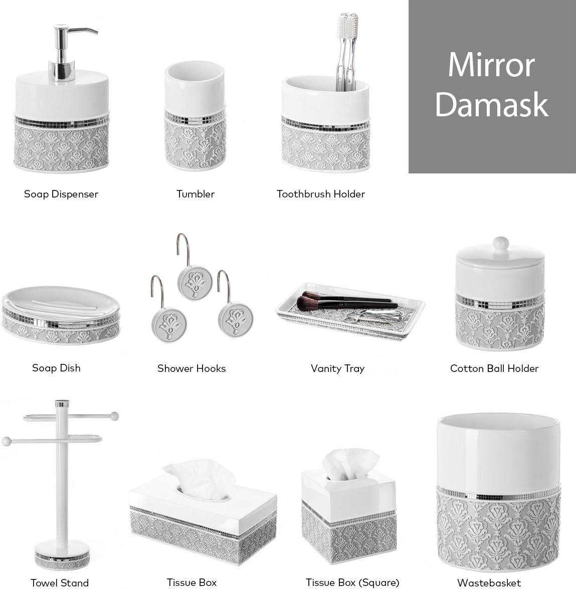 Creative Scents Gray White Mirror Damask Soap Dish