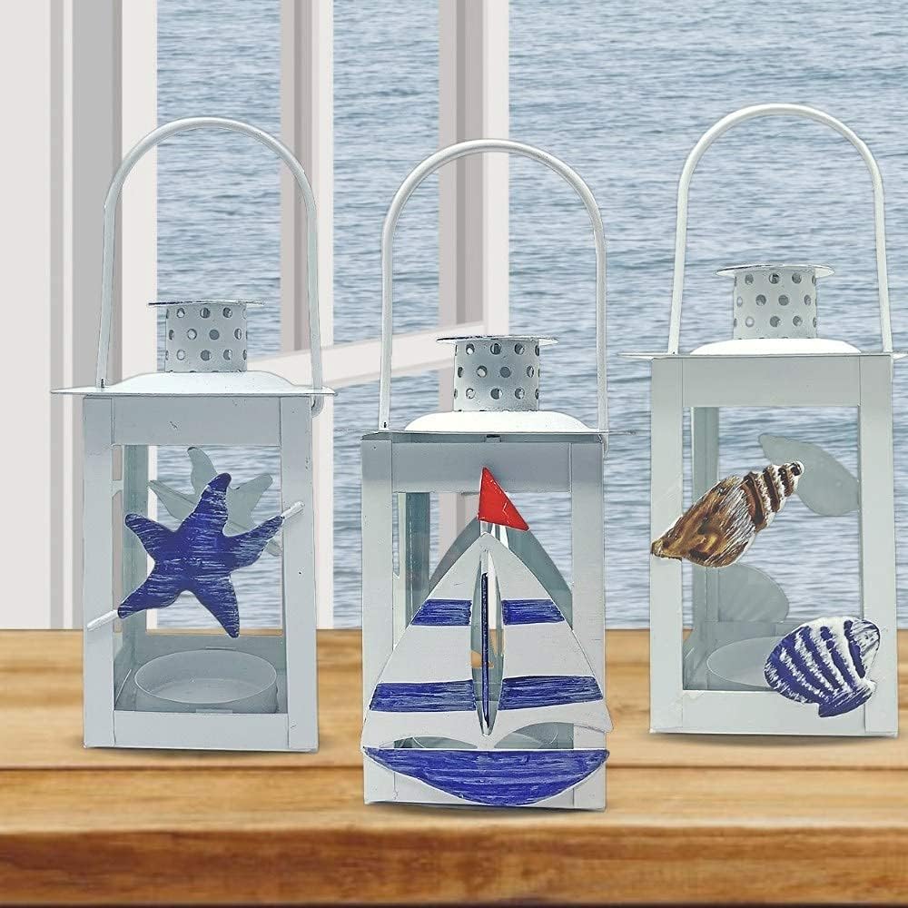 Beach Metal Lanterns Set of 3 - White Blue Nautical Decor