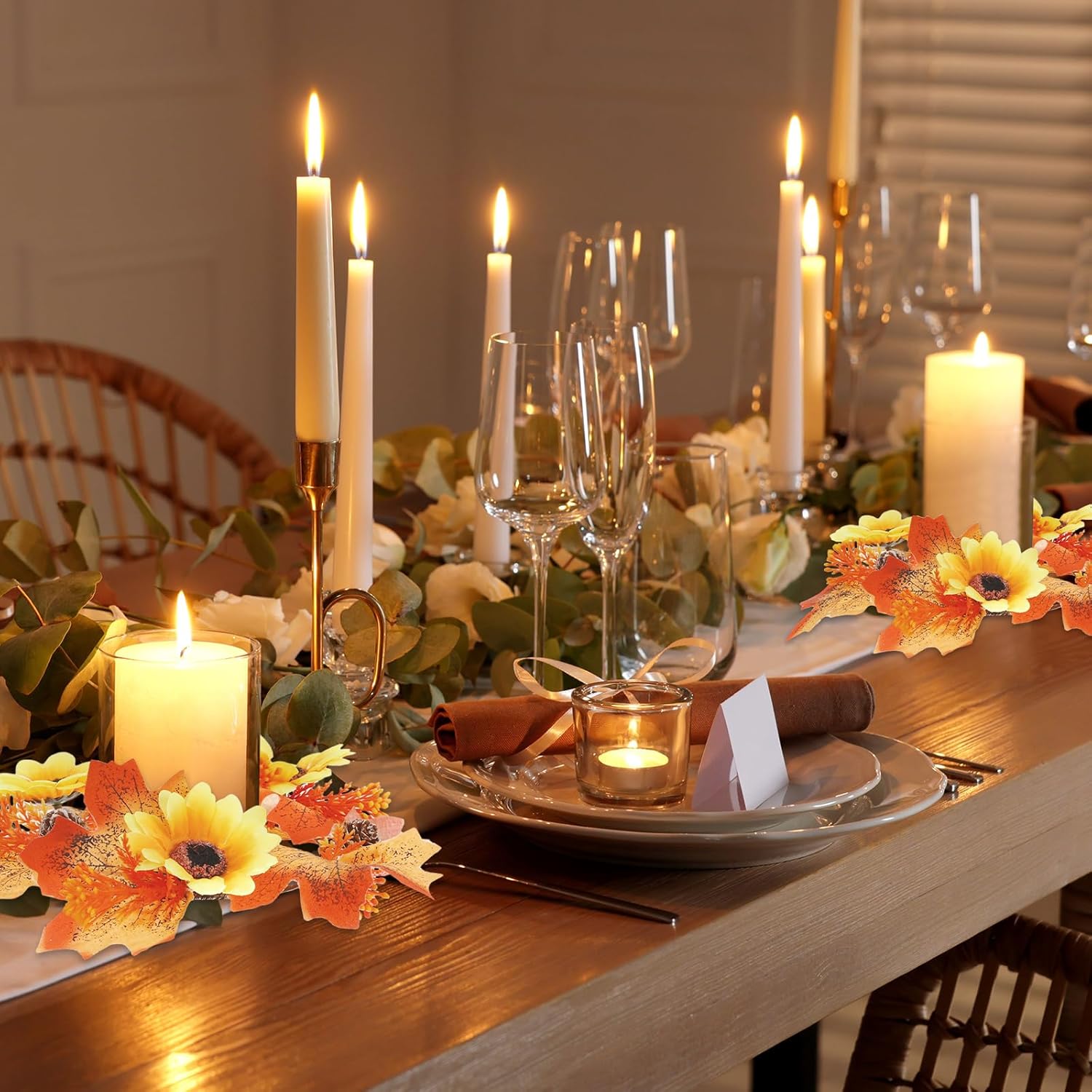 Umigy 8 Pcs Fall Candle Wreaths with Maple Leaves and Sunflowers