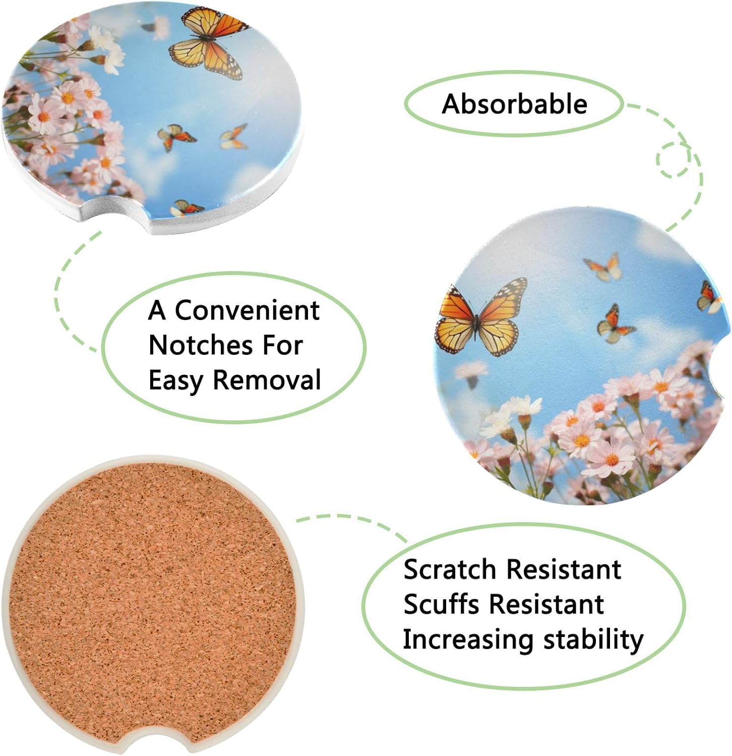 Takiito Nature Flower Car Coasters 2 Pack Ceramic Cork Base