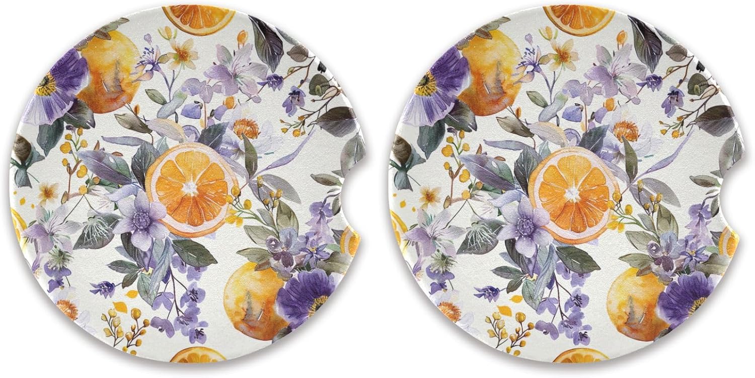 Lemon Flowers Car Coasters 2 Pack Ceramic Cork Base