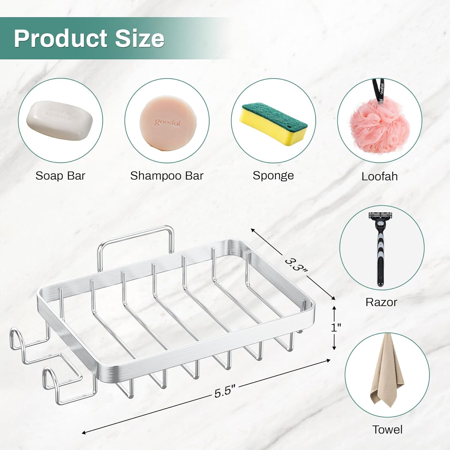 Oasiteege Wall Mounted Soap Holder with Drainage and Loofah Hooks