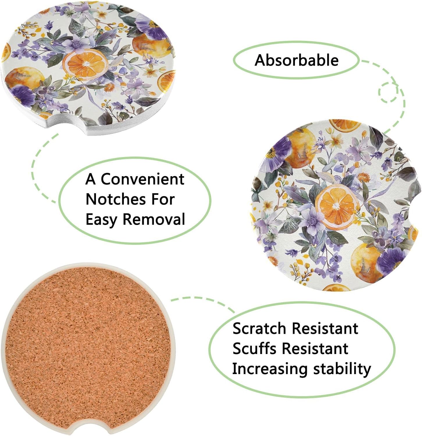 Lemon Flowers Car Coasters 2 Pack Ceramic Cork Base