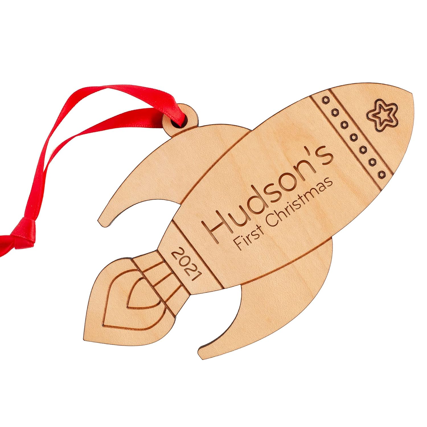 Rocket Ornament Personalized Outer Space Babys First Christmas 2024 Wood