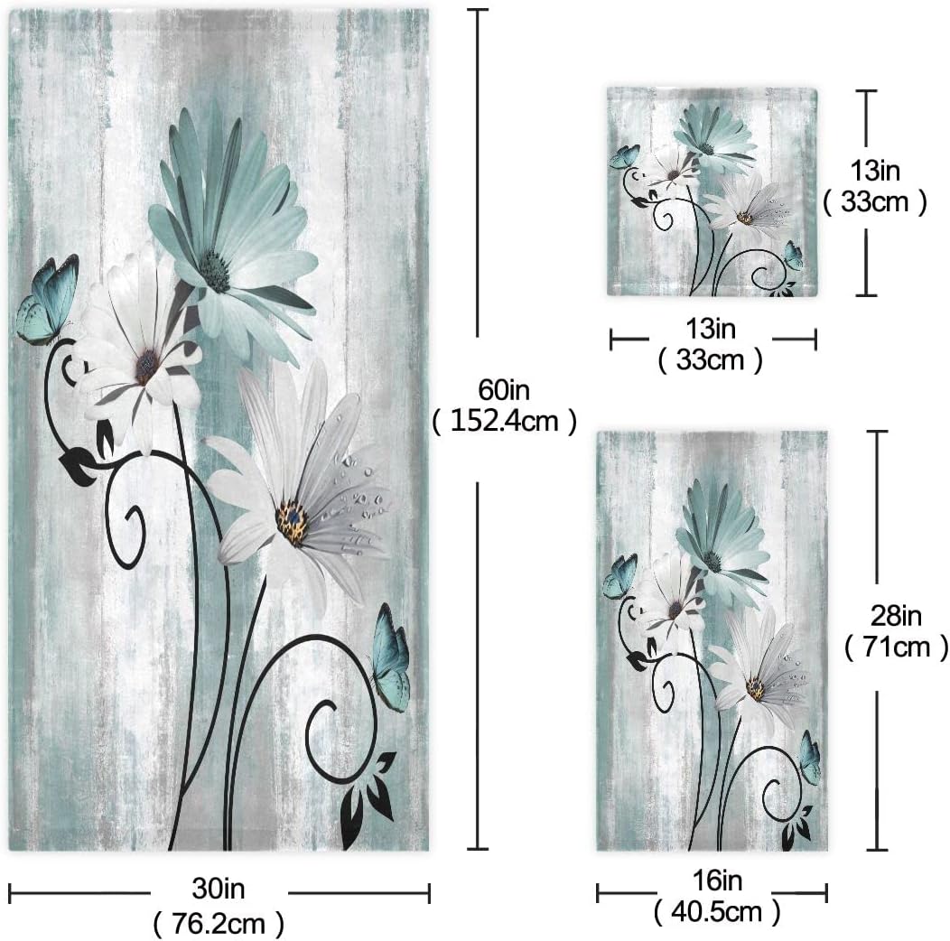 MATEKULI 3-Piece Farm Teal Daisy Bath Towel Set