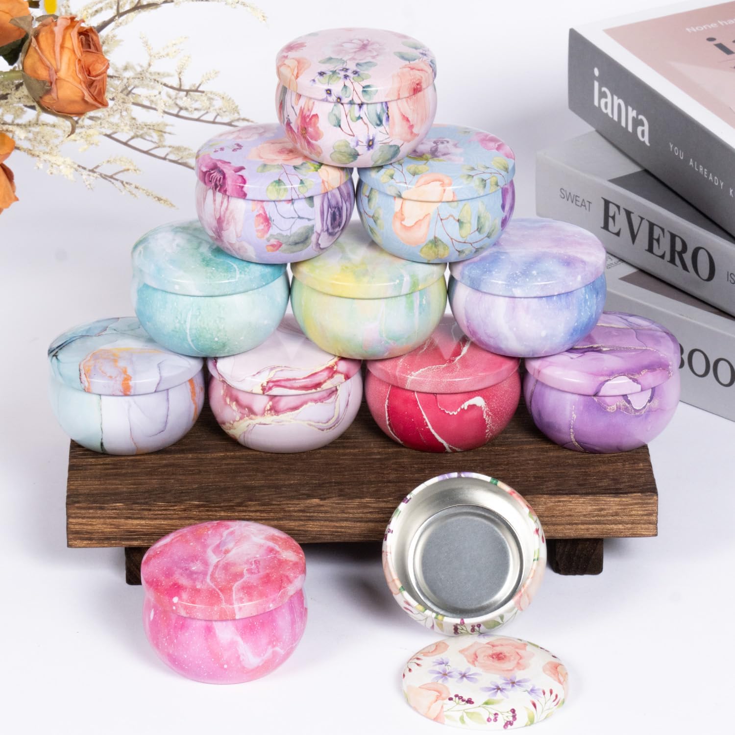 12-Pack 25oz Candle Tins with Lids Marbled Floral Starry Sky Designs