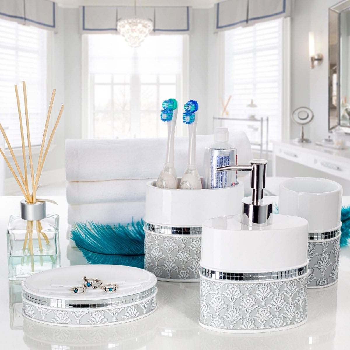 Creative Scents Gray White Mirror Damask Soap Dish