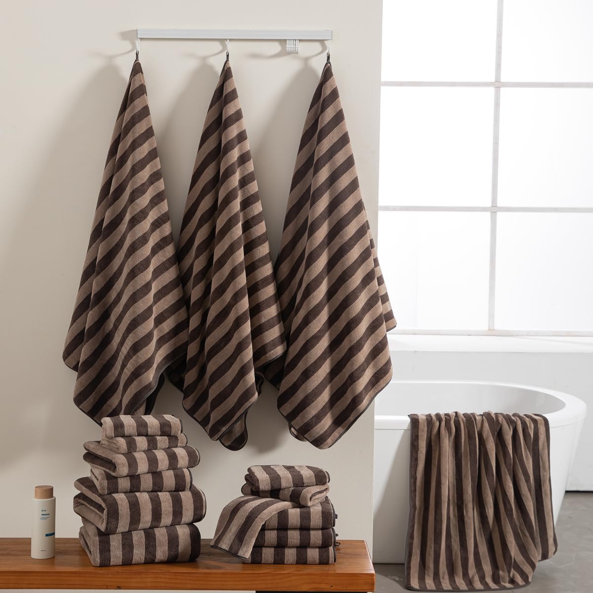Oliven 18 Pcs Brown Cabana Stripe Towel Set