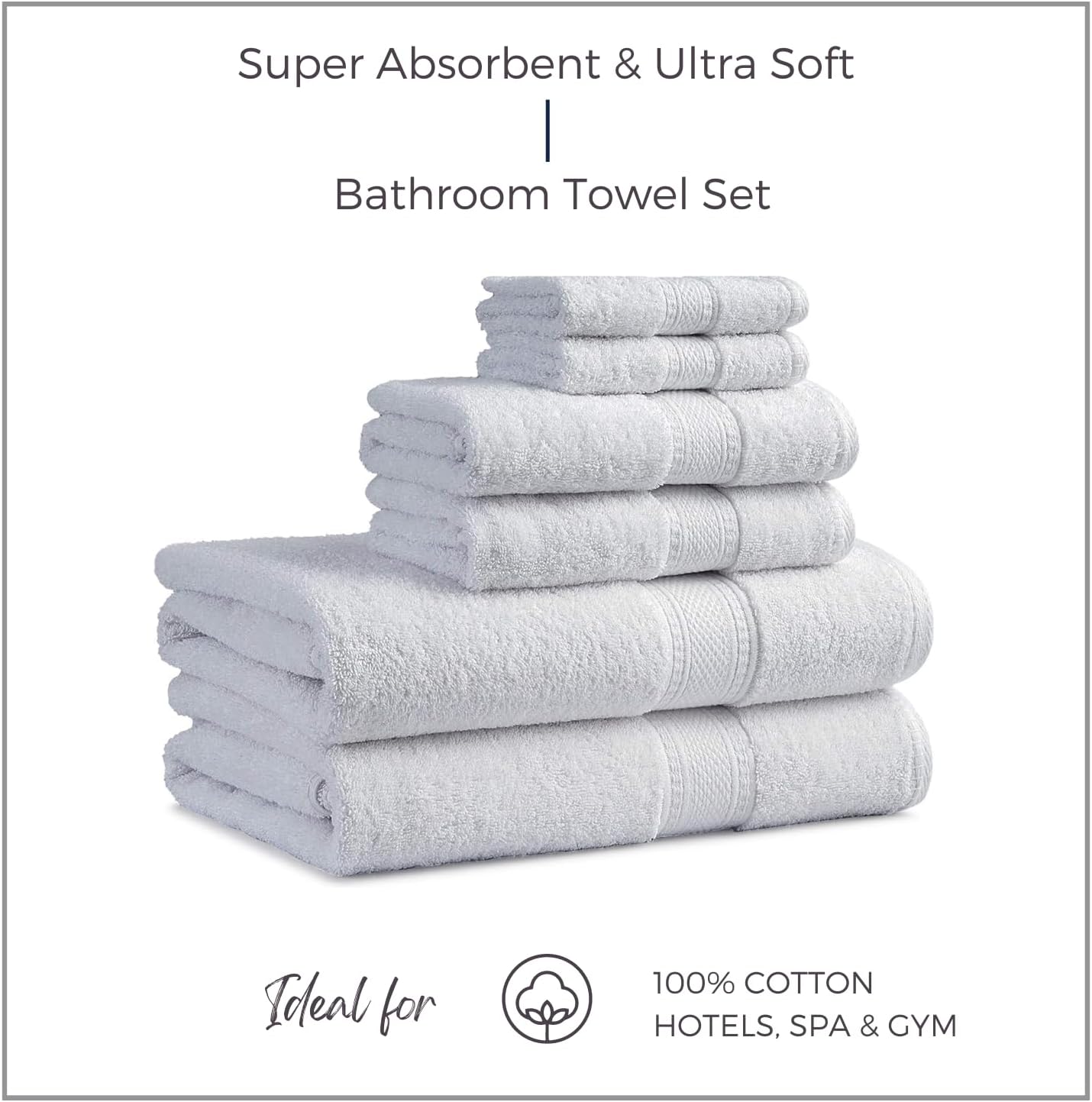 EuroSpa 100 Cotton 6-Piece Towel Set - Ultra Soft 650 GSM White Towels