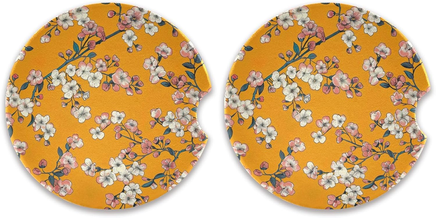 White Flowers Car Coasters 2 Pack Ceramic Cork Base