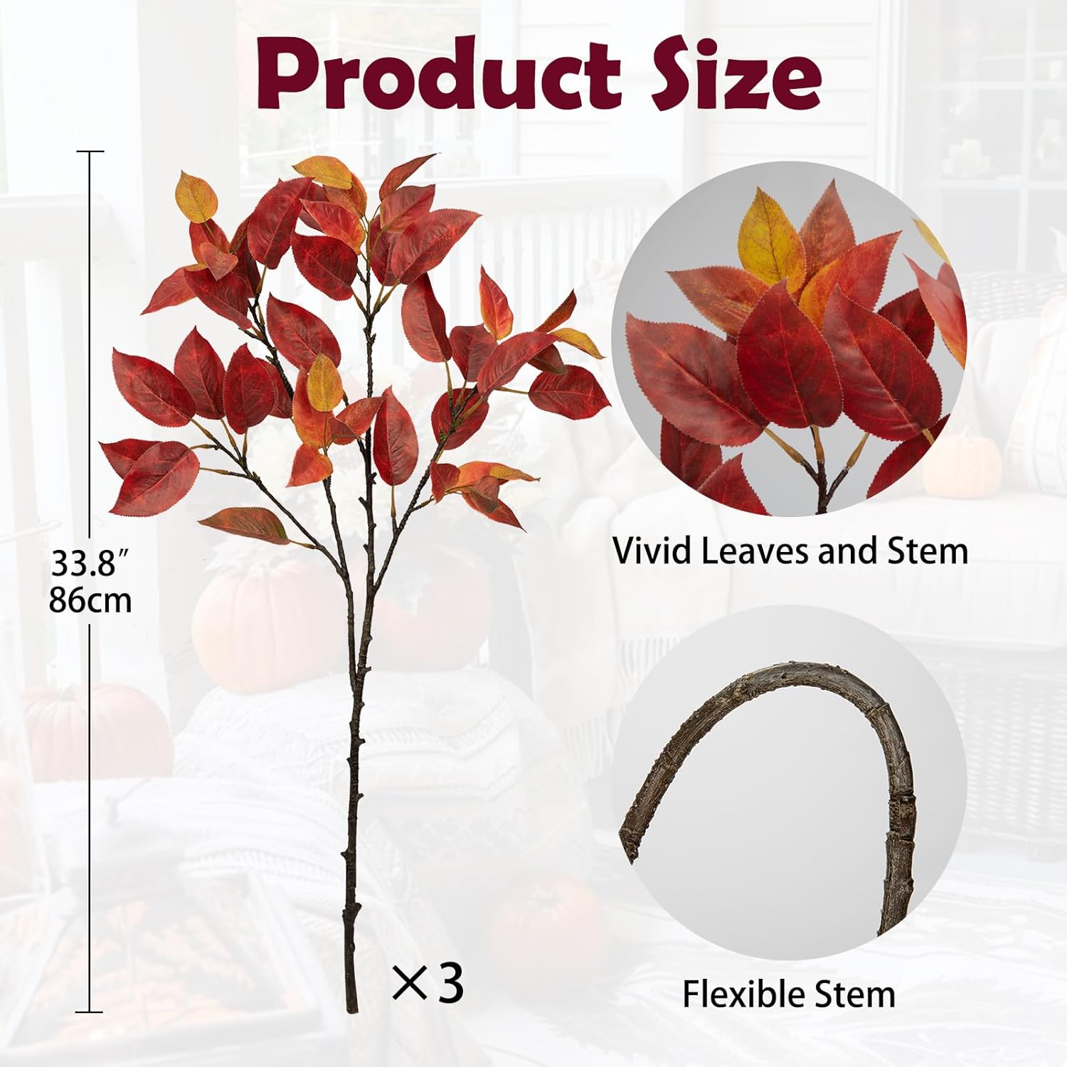 Hollyone 3 Pcs Artificial Fall Leaves Branches 338 Inch Red