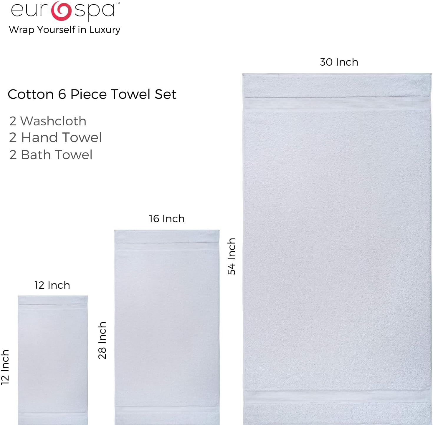 EuroSpa 100 Cotton 6-Piece Towel Set - Ultra Soft 650 GSM White Towels
