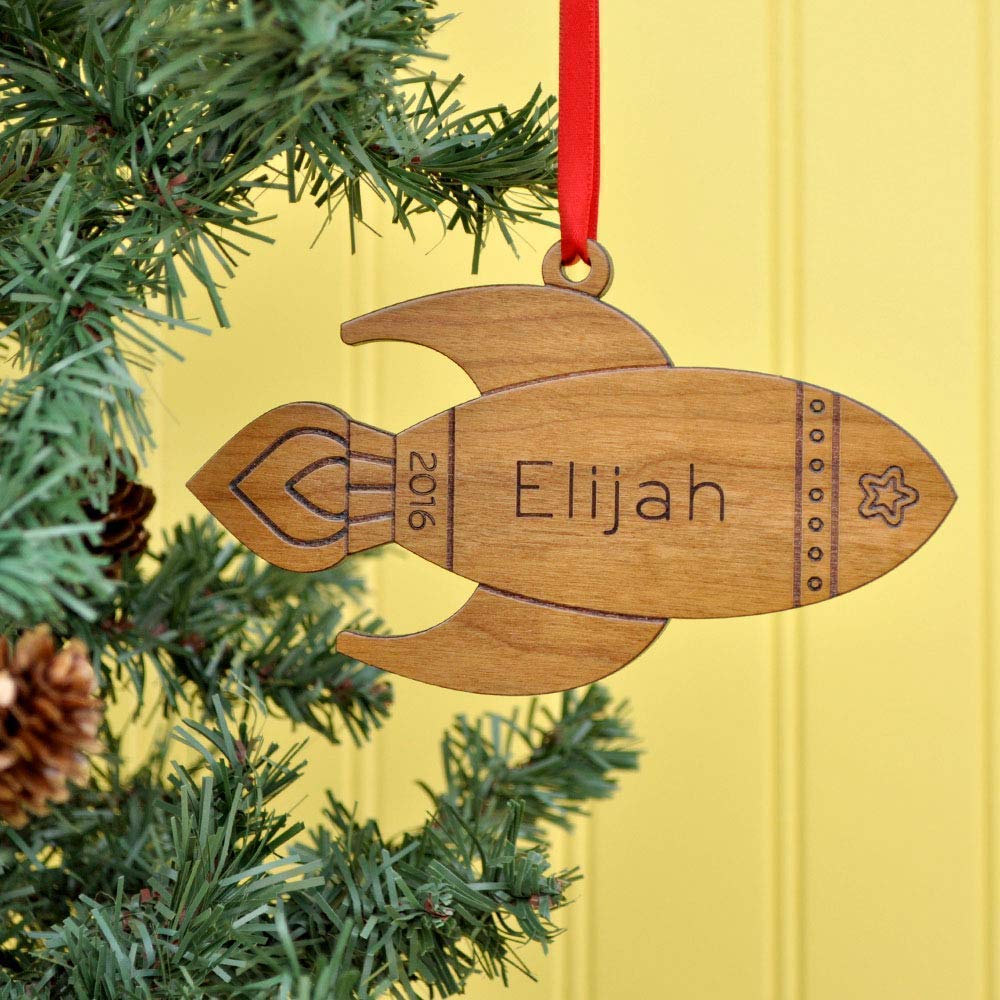 Rocket Ornament Personalized Outer Space Babys First Christmas 2024 Wood