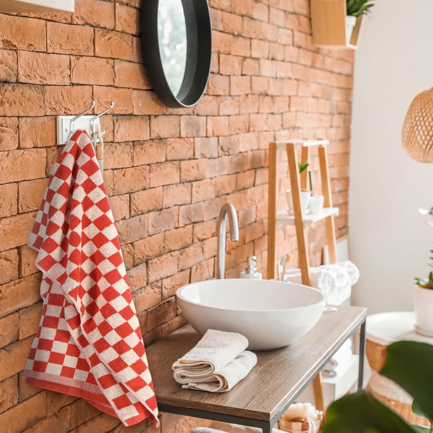 Breling 2 Pcs Checkered Bath Towels Red 1