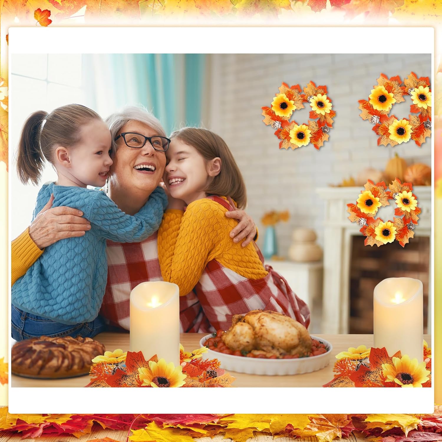 Umigy 8 Pcs Fall Candle Wreaths with Maple Leaves and Sunflowers