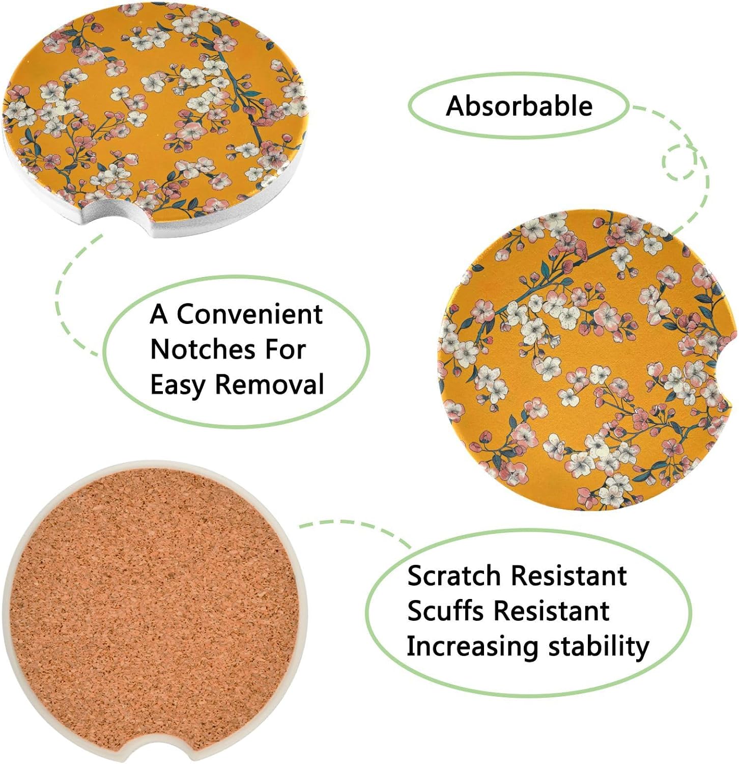White Flowers Car Coasters 2 Pack Ceramic Cork Base