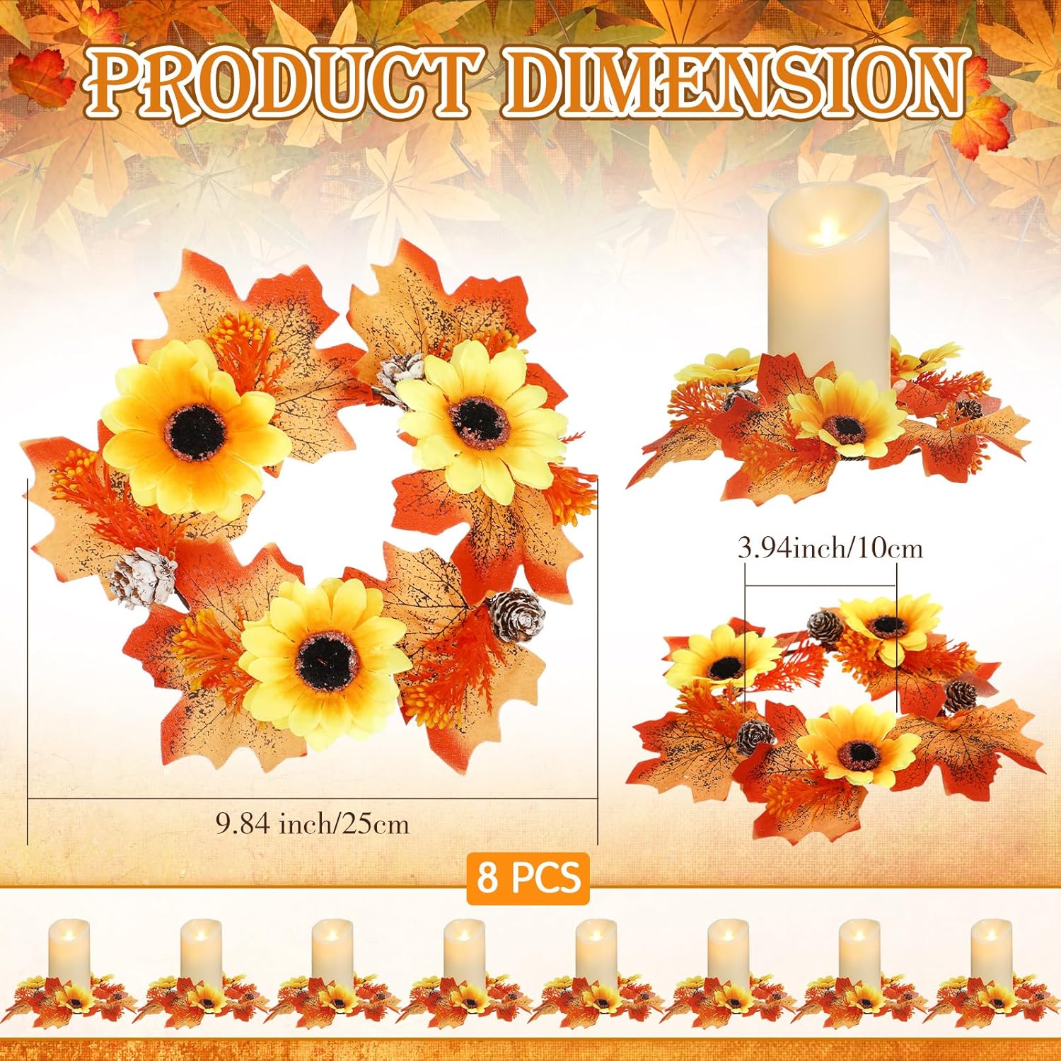 Umigy 8 Pcs Fall Candle Wreaths with Maple Leaves and Sunflowers