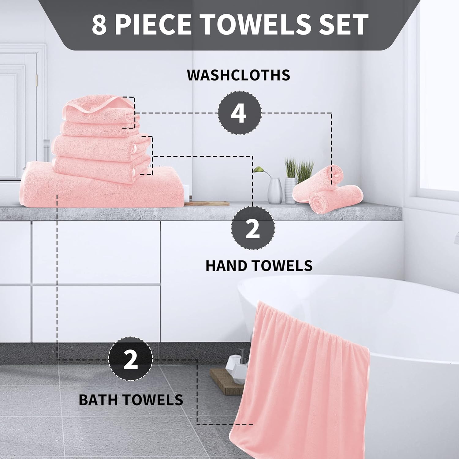 Cosy Family 8-Piece Microfiber Towel Set Pink
