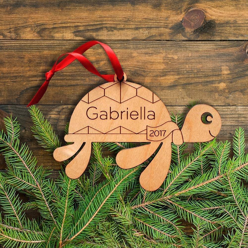 Personalized Babys First Christmas 2024 Wooden Turtle Ornament