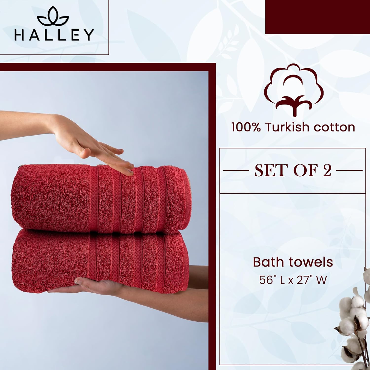 HALLEY Turkish 2 Pack Bath Towels - 650 GSM Red