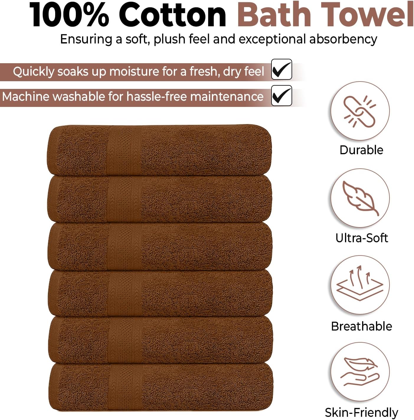 KAHAF Collection Pack of 6 Bath Towels 27 x 54 Inches