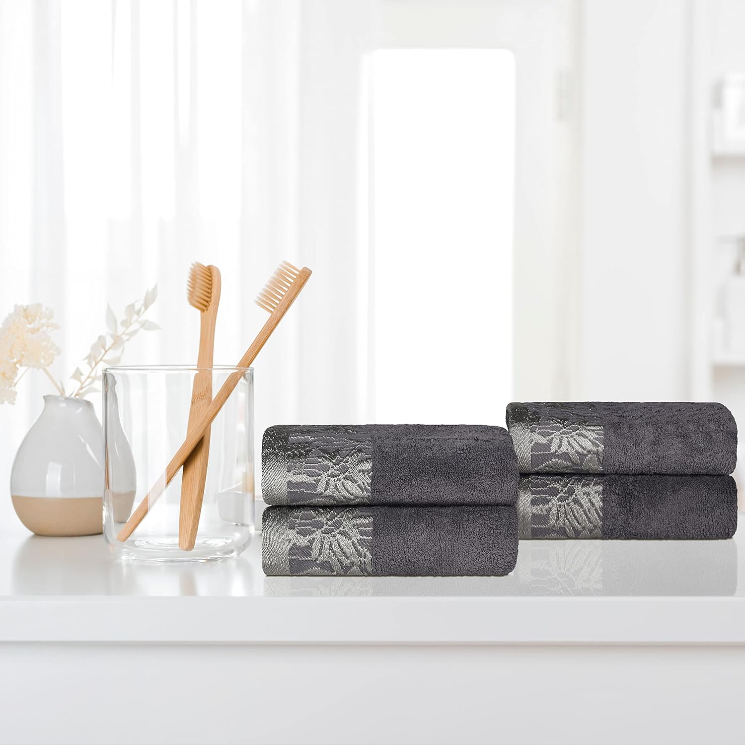 Superior Cotton Hand Towels Set of 4 with Grey Border