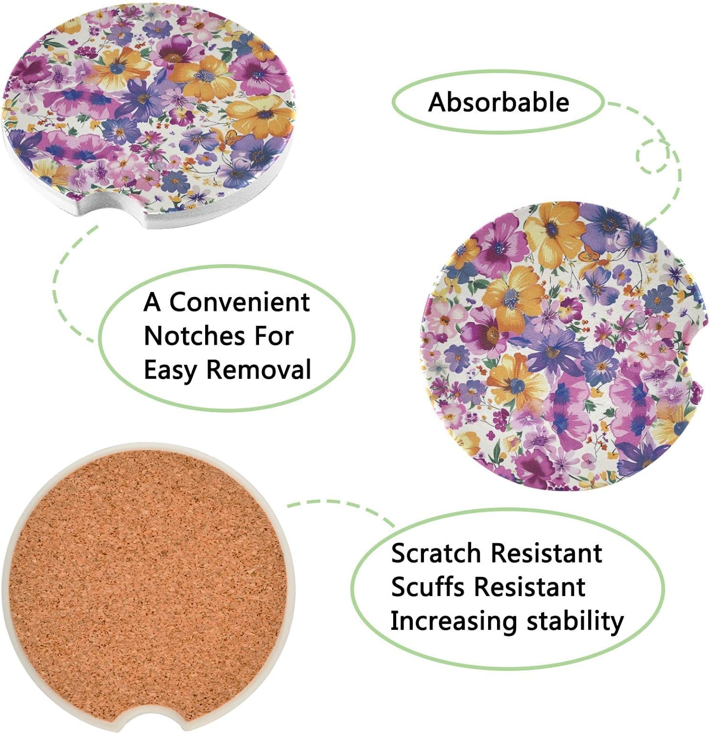 Takiito Purple Flowers Car Cup Holder Coasters 2 Pack