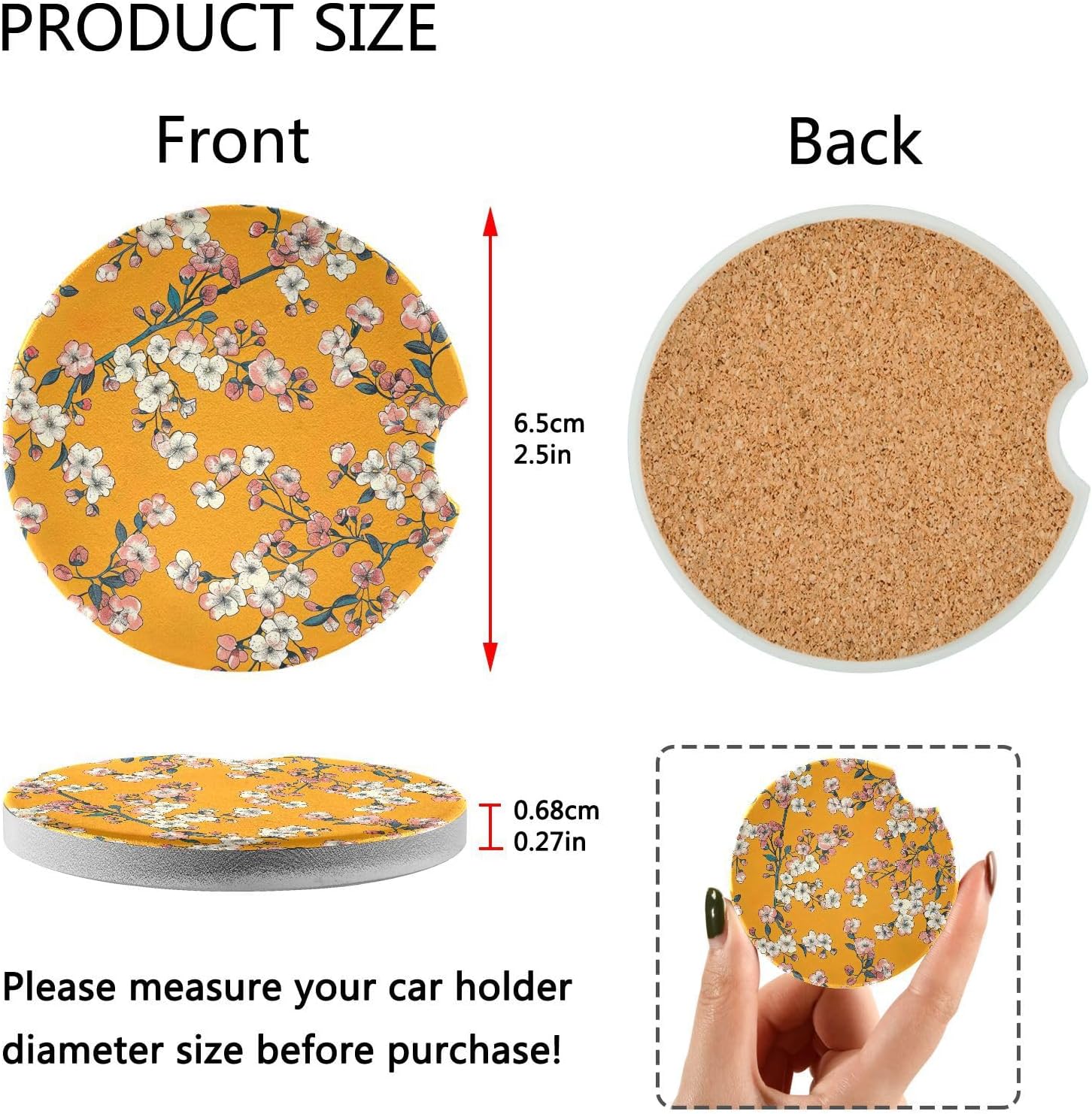 White Flowers Car Coasters 2 Pack Ceramic Cork Base