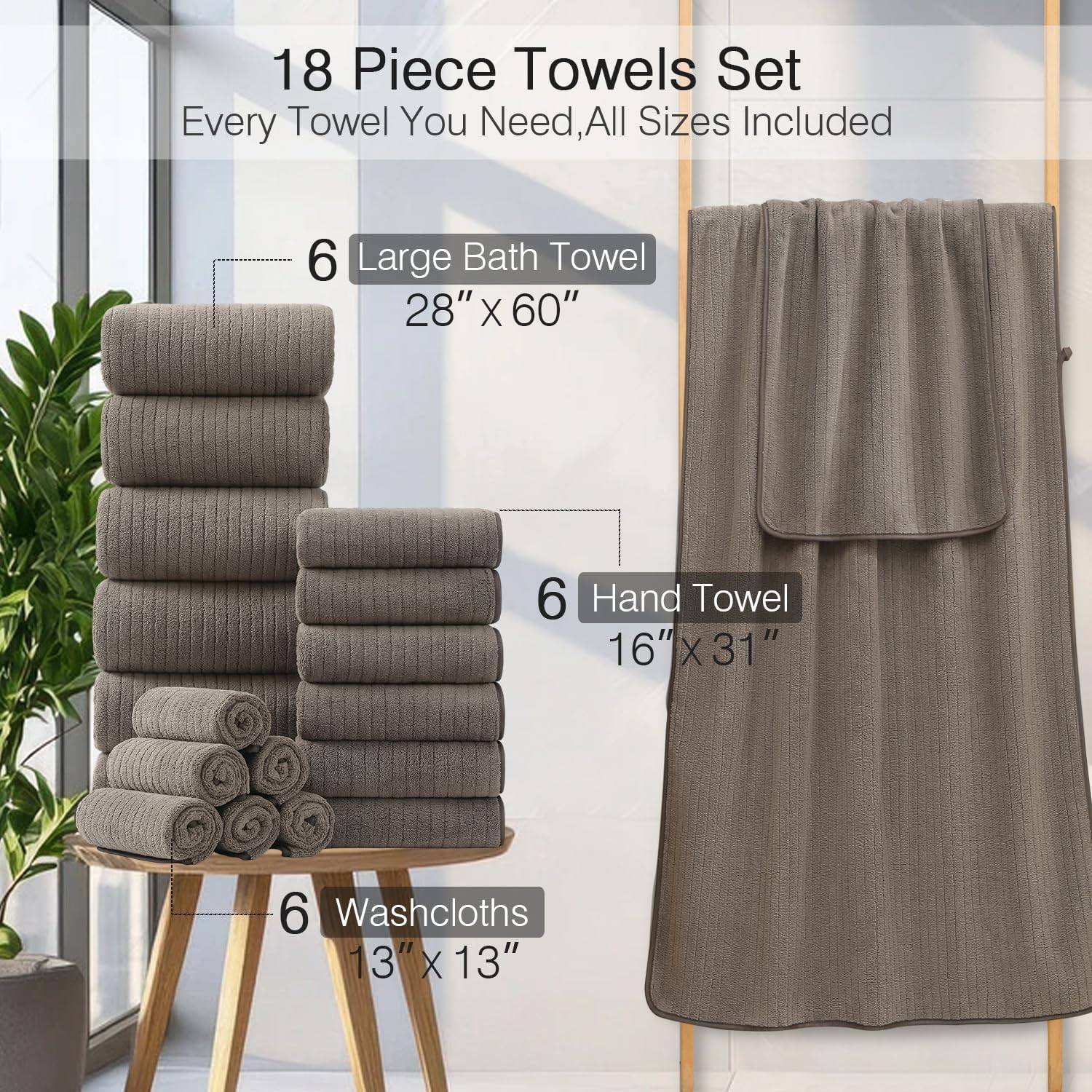 Hailea 18-Piece Family Bath Towel Set - Brown