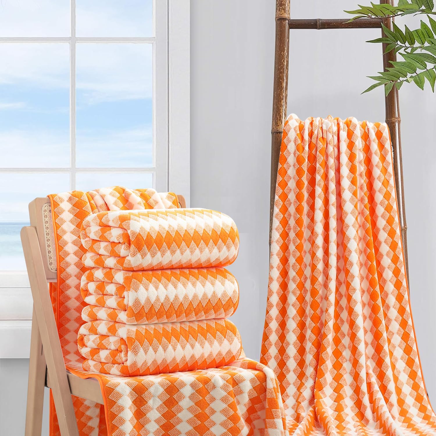 4 Piece Extra Large Bath Towel Set with Lattice Print