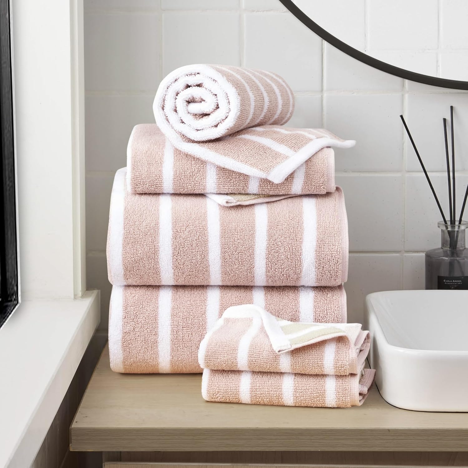 Lucky Brand Reversible Stripe 6 Piece Bath Towel Set - Grey Beige