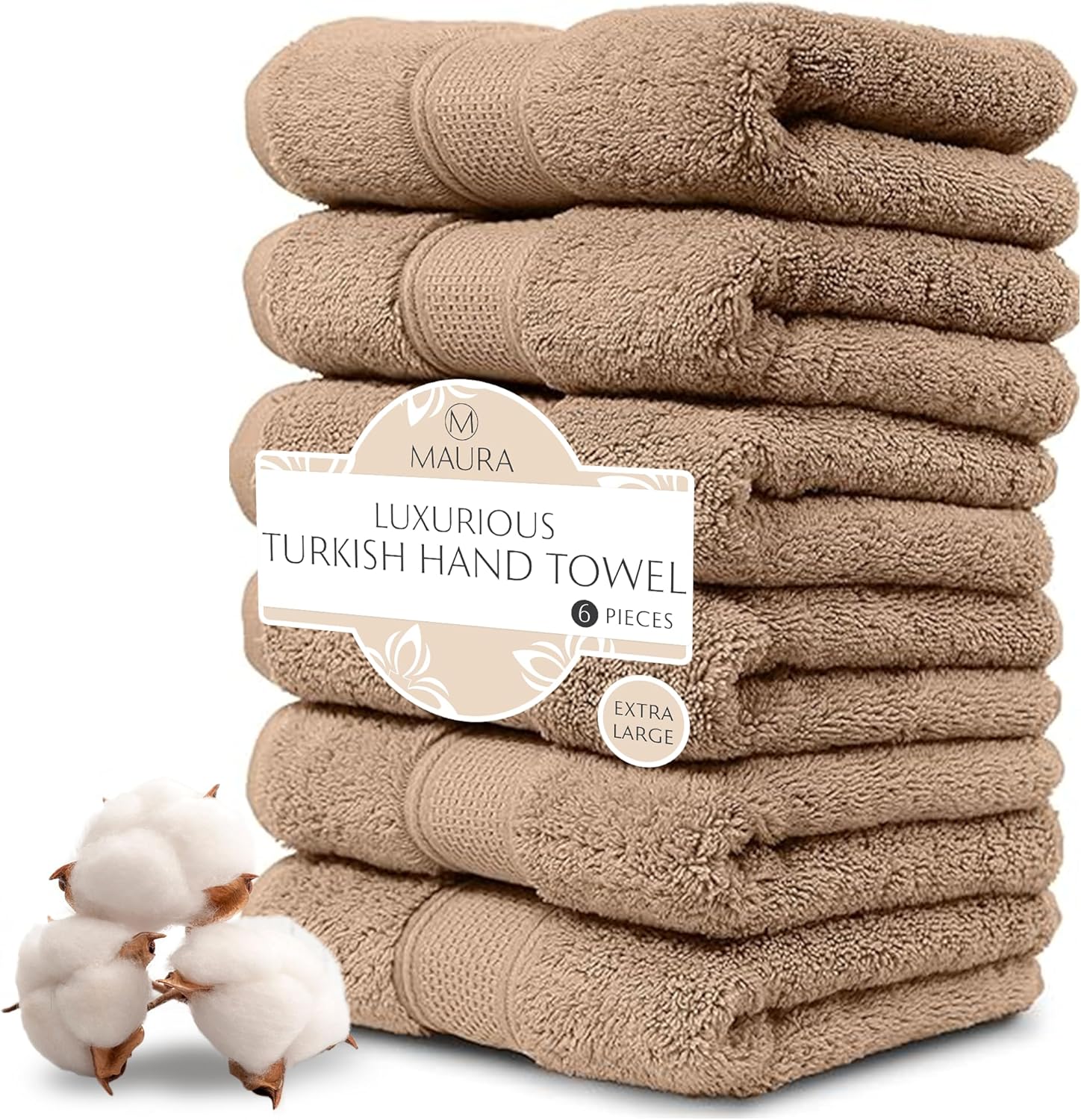 MAURA Biege Hand Towels Set of 6 - Brown Luxury Turkish Cotton