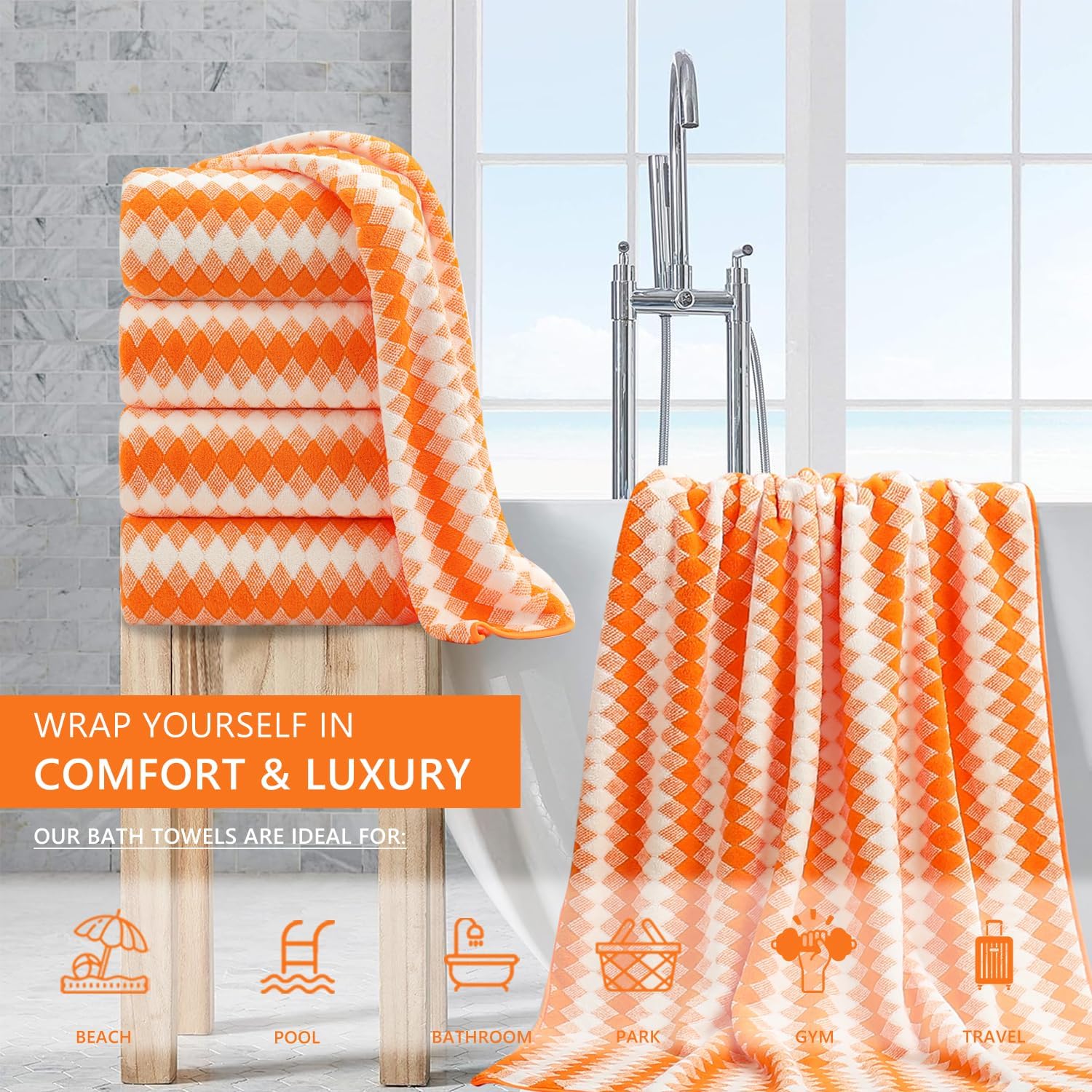 4 Piece Extra Large Bath Towel Set with Lattice Print