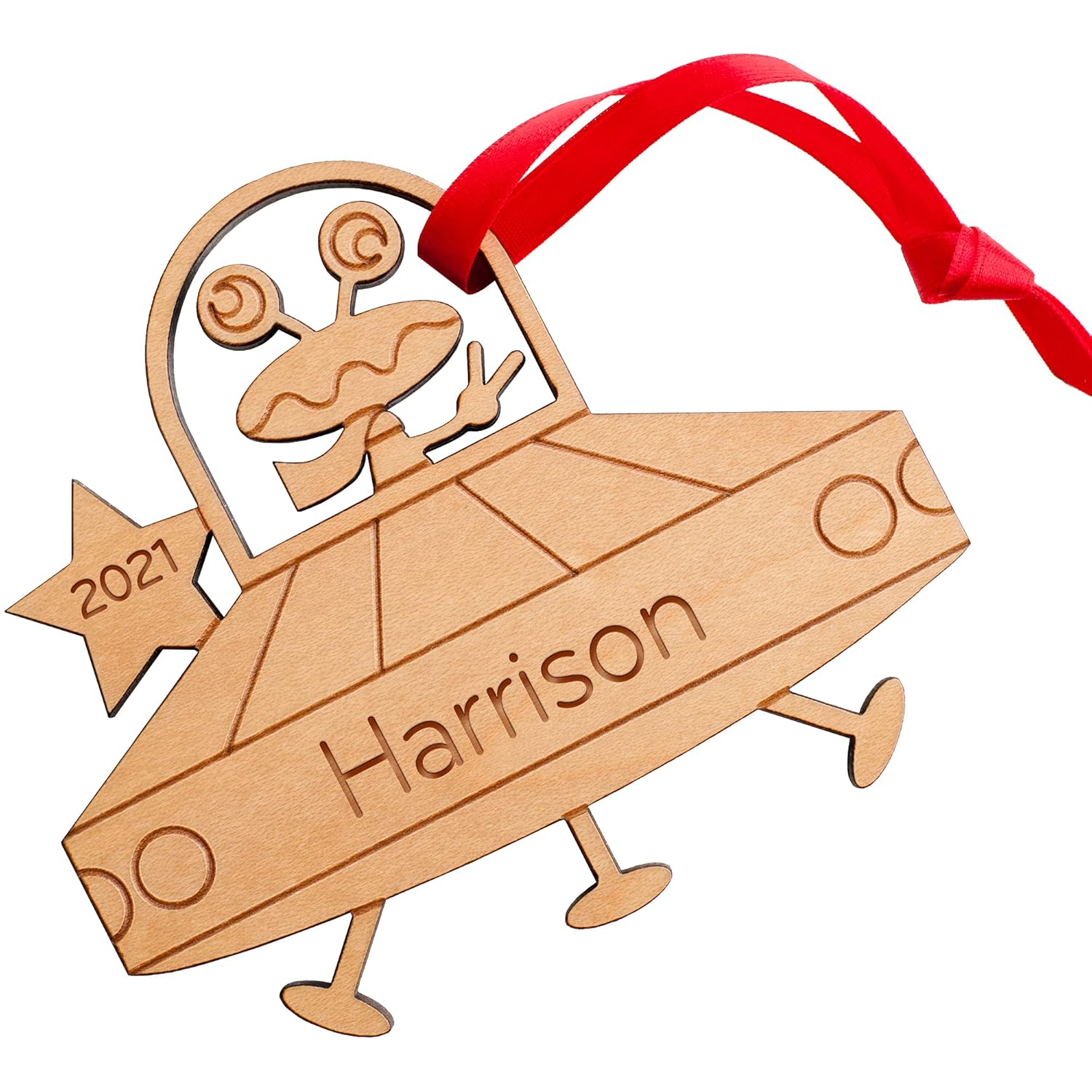 Personalized Babys First Christmas 2024 UFO Flying Saucer Wood Ornament