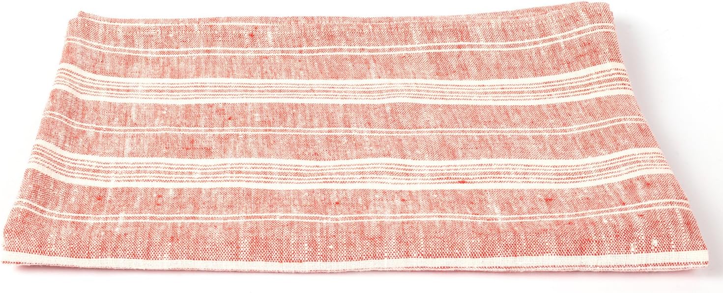 Set of 4 Bath Towels Red White Linen Multistripe