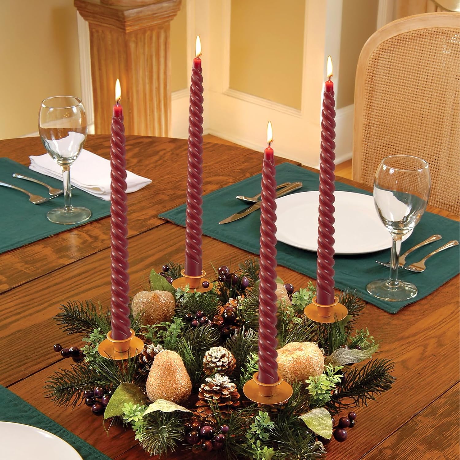 KONNI 10 Inch Spiral Taper Candle Set of 8 Dark Red Unscented Smokeless