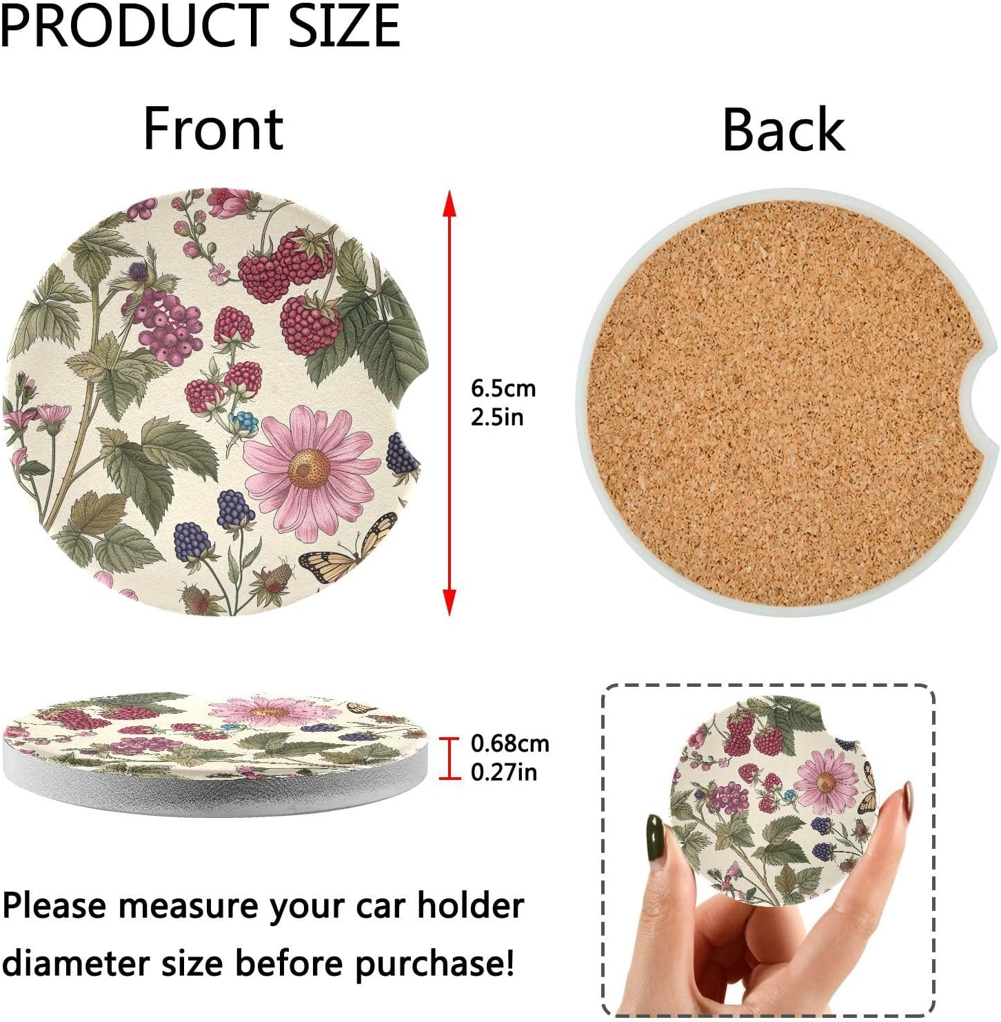 Flower Butterfly Car Coasters 2 Pack with Ceramic Cork Base