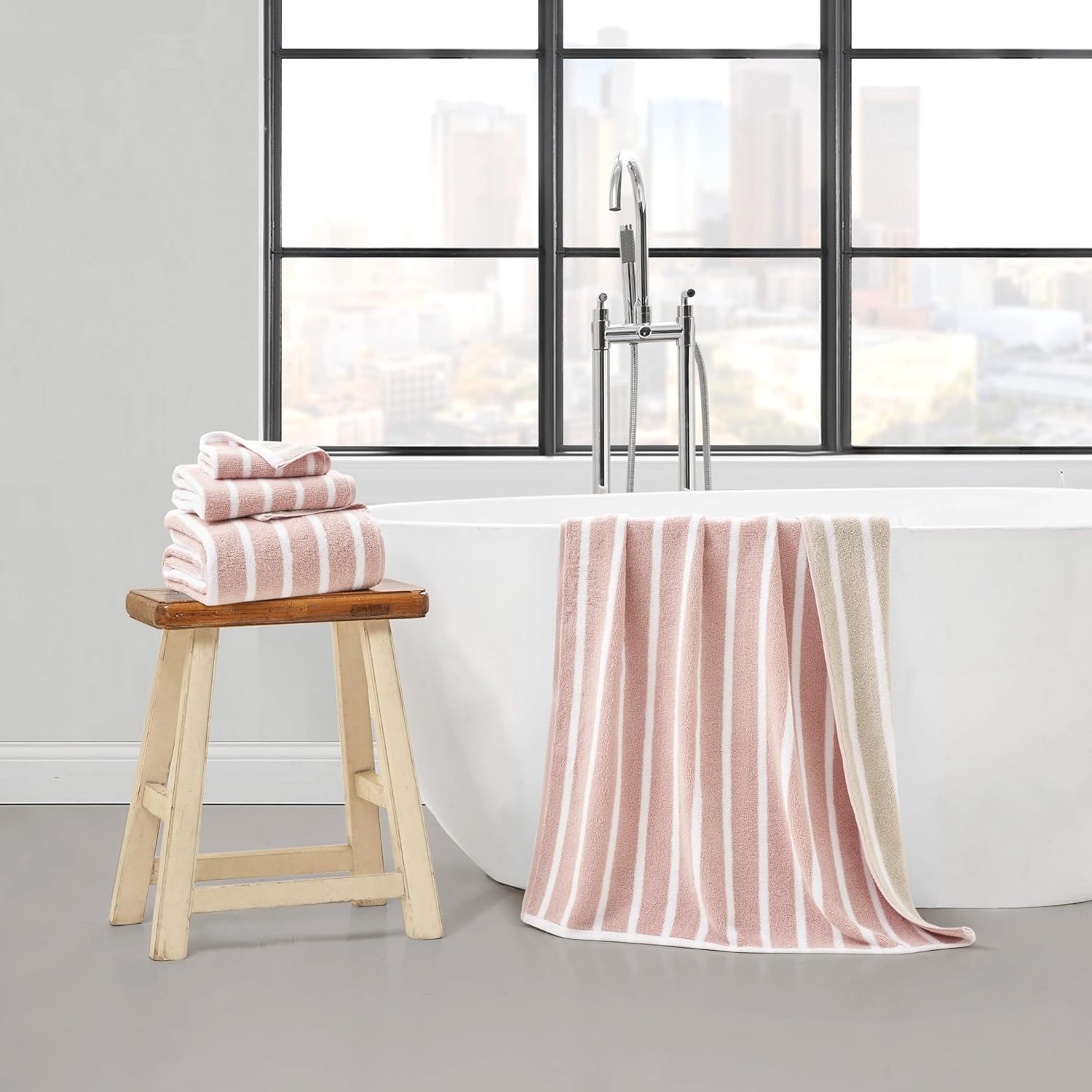 Lucky Brand Reversible Stripe 6 Piece Bath Towel Set - Grey Beige