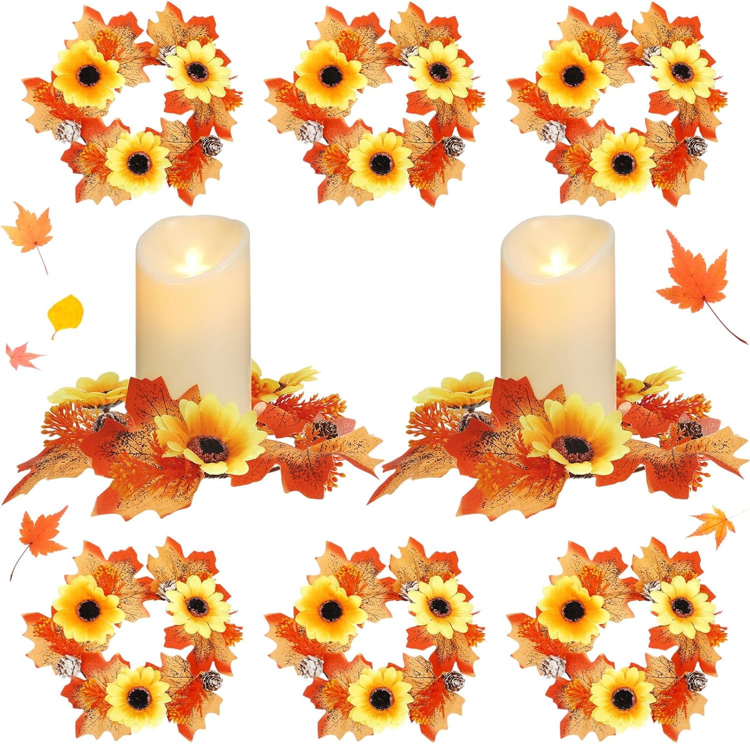 Umigy 8 Pcs Fall Candle Wreaths with Maple Leaves and Sunflowers