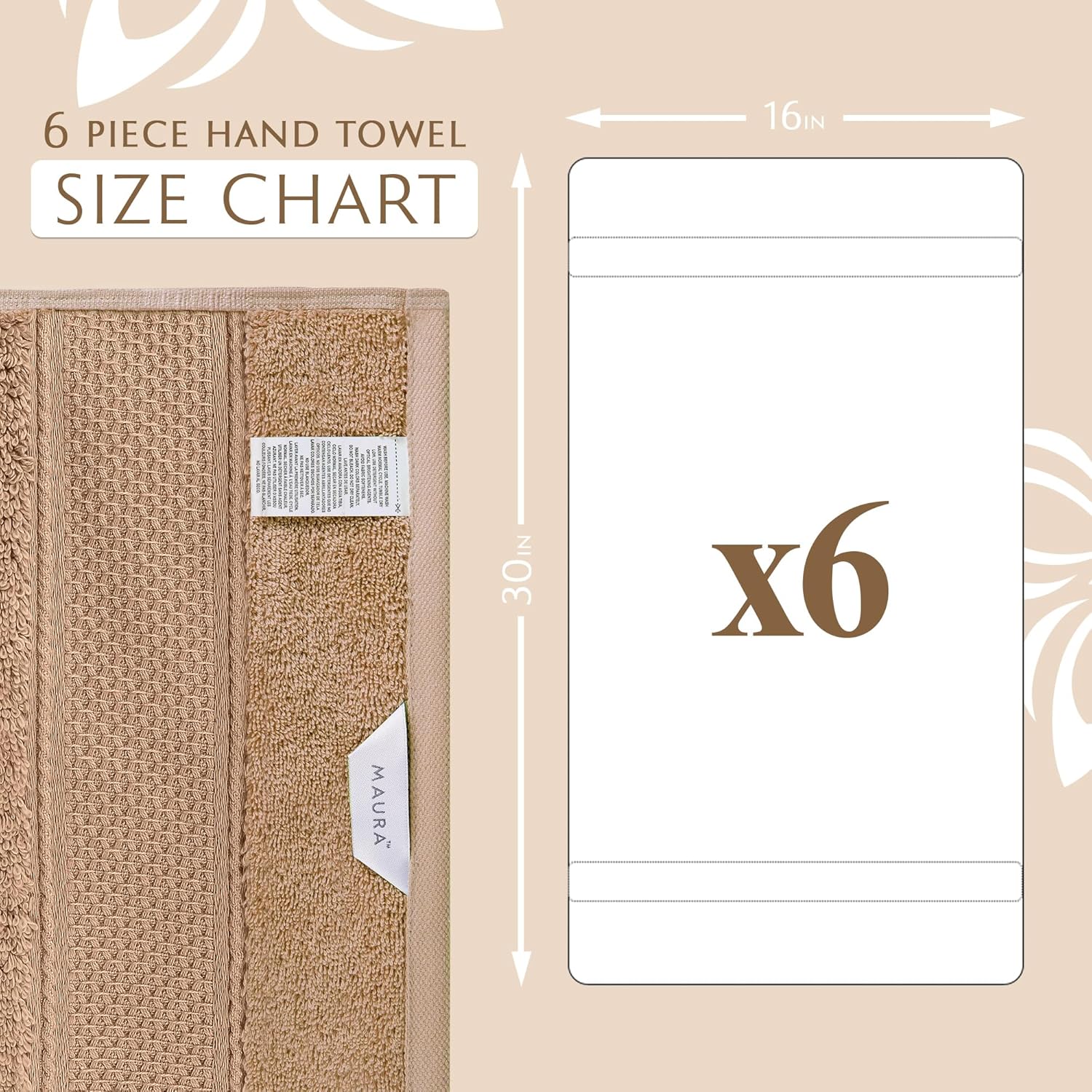 MAURA Biege Hand Towels Set of 6 - Brown Luxury Turkish Cotton