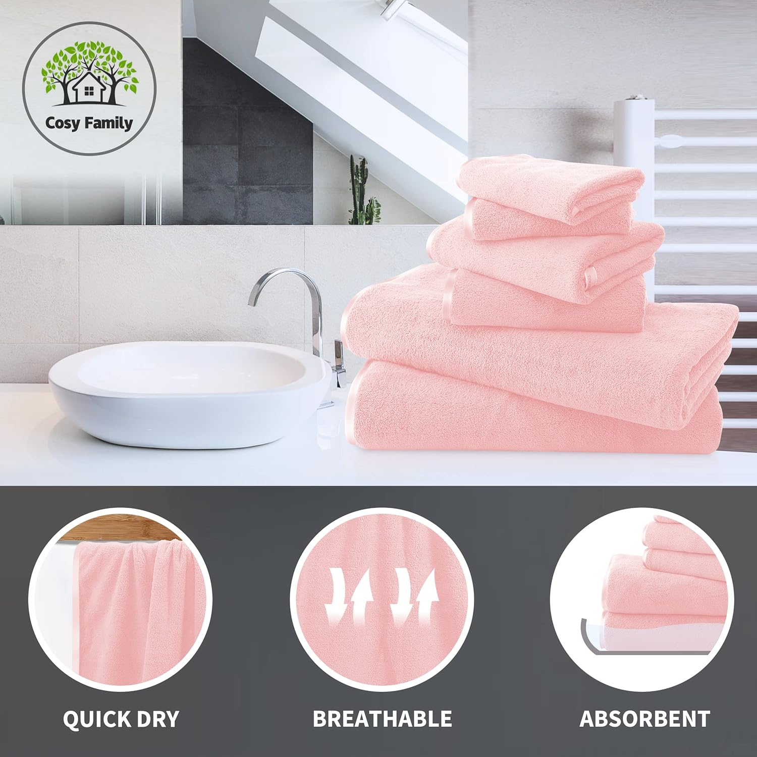 Cosy Family 8-Piece Microfiber Towel Set Pink