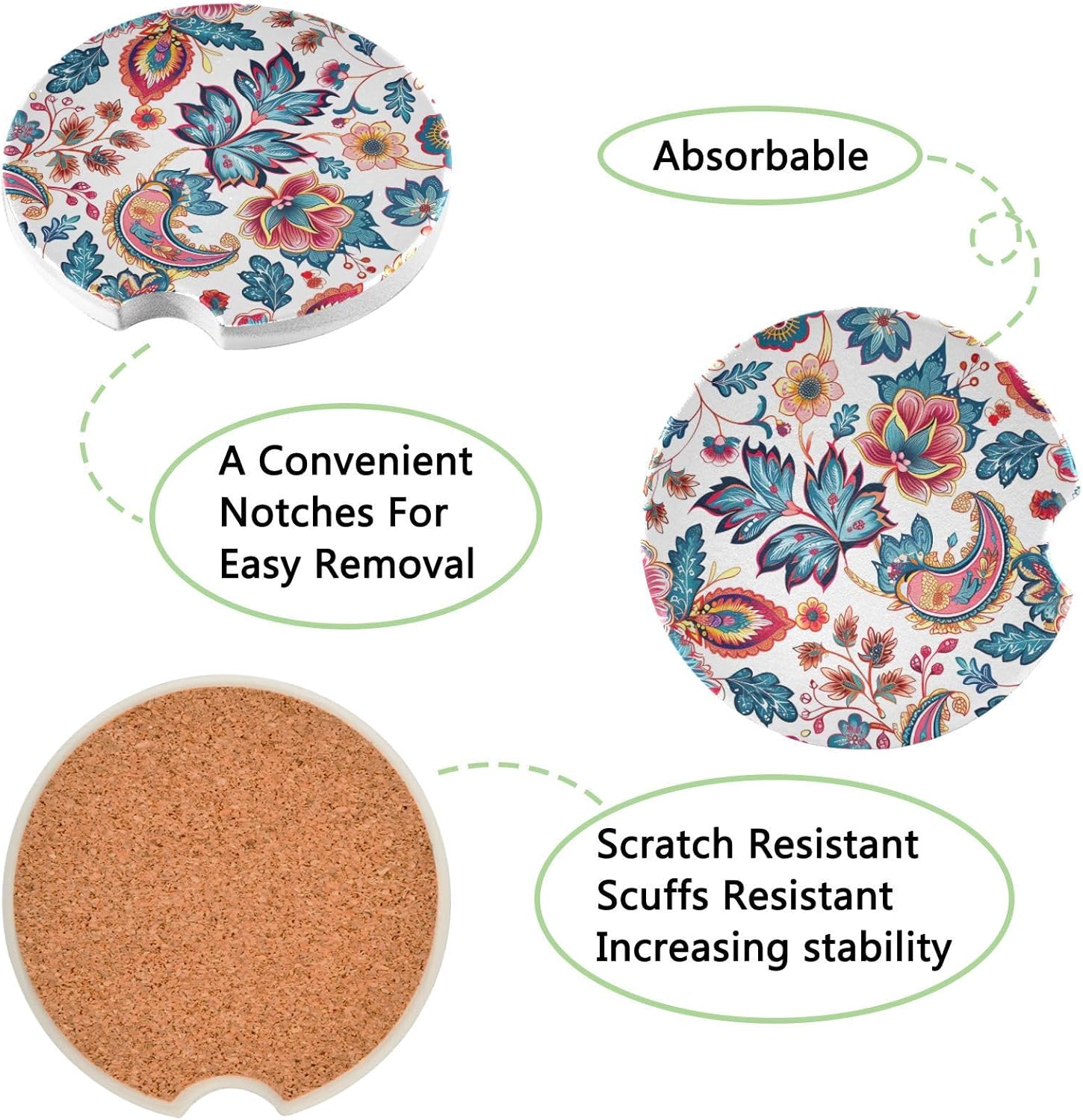 Takiito Paisley Flower Car Coasters 2 Pack 1